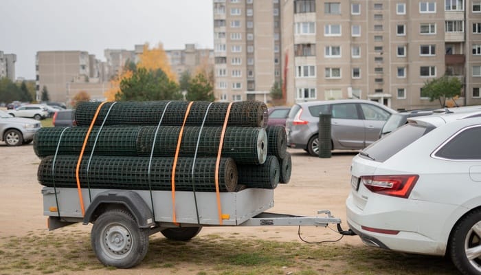 A utility trailer with roller fencing piled on top of it hitched to a white car parked in front of an apartment building.