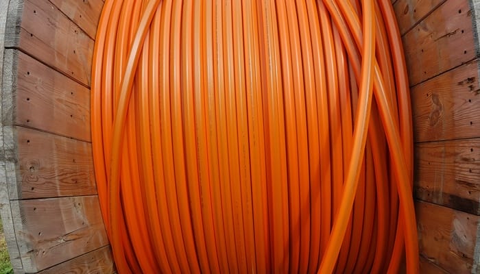 A close-up view shows a long, orange fiber optic cable wrapped around a large, light-colored wooden spool.