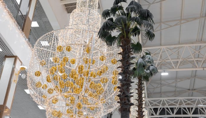A massive chandelier hanging from a tall ceiling. The chandelier hangs next to two tall decorative palm trees.
