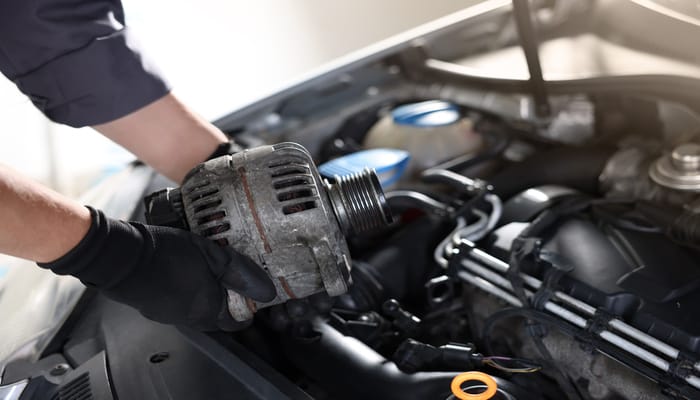 A close-up of a mechanic wearing black gloves and holding an alternator. The car's engine is exposed too.